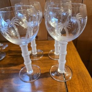 Wells Hand Blown Etched Palm Trees With Frosted Bamboo Stem Wines Set Of 4-